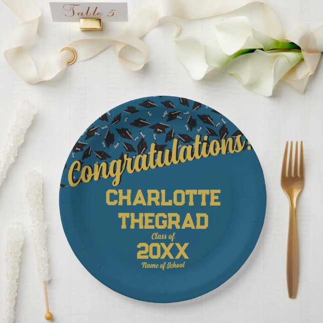 Graduation Congratulations Personalise Blue Gold Paper Plate (Wedding)