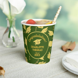 Graduation Congratulations Personalise Green Gold Paper Cups