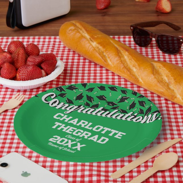 Graduation Congratulations Personalise Green White Paper Plate (Picnic)