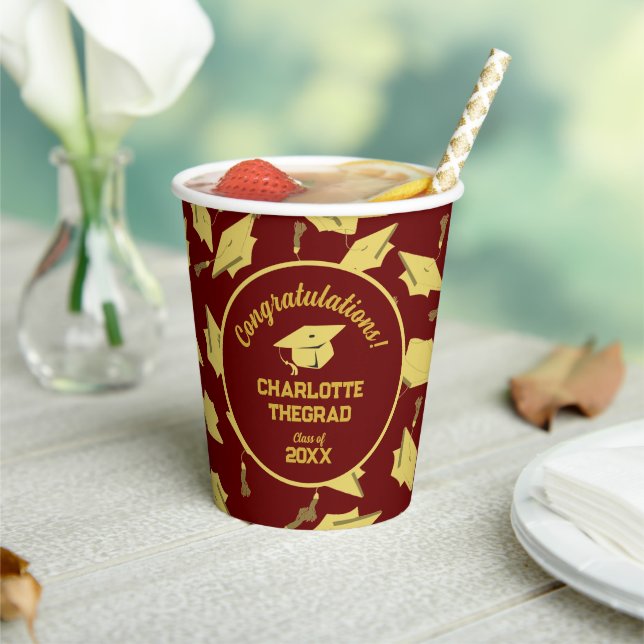 Graduation Congratulations Personalise Maroon Gold Paper Cups (Insitu)