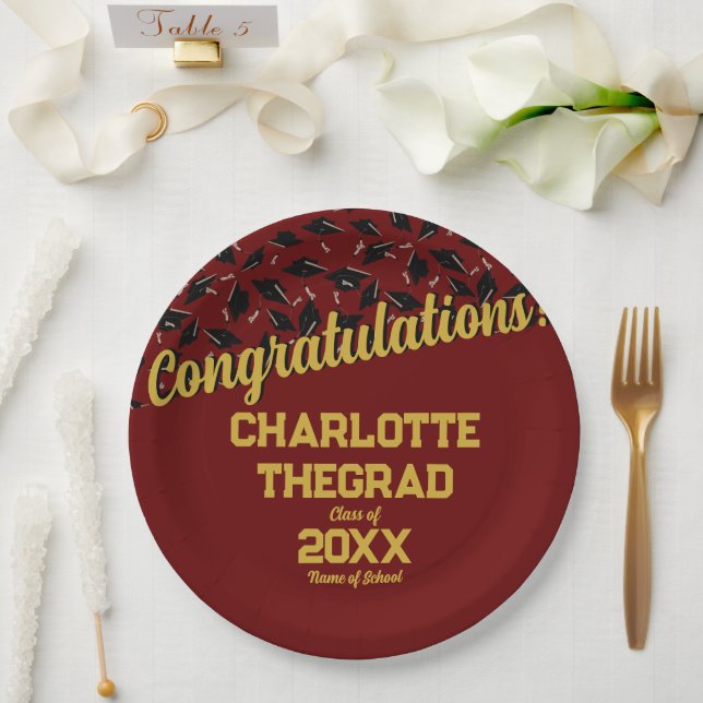 Graduation Congratulations Personalise Maroon Gold Paper Plate (Wedding)