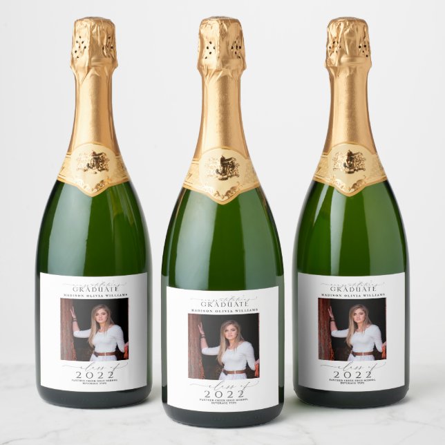 Graduation Congratulations Photo Black Script Sparkling Wine Label (Bottles)