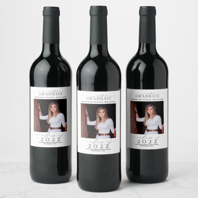 Graduation Congratulations Photo Black Script Wine Label (Bottles)
