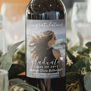 Graduation Congratulations Photo & White Script Wine Label