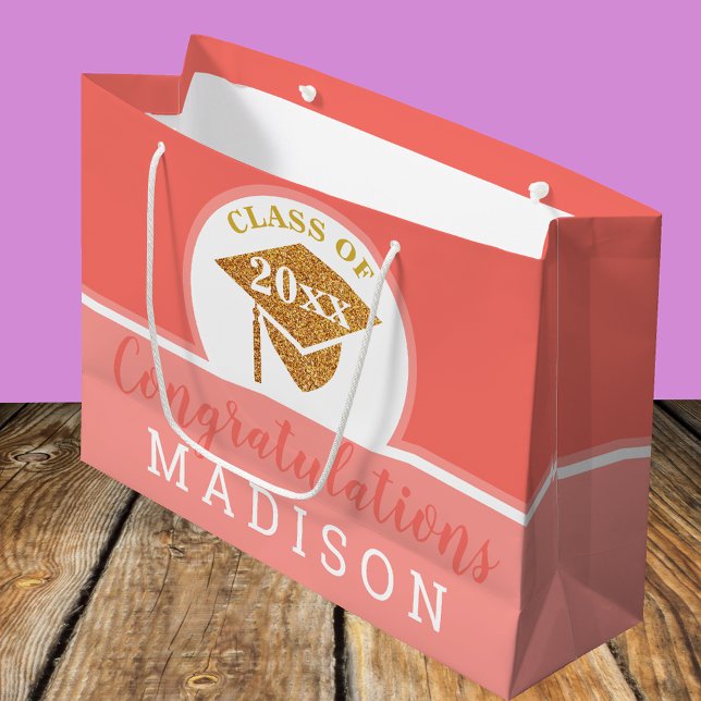 Graduation Coral Pink Gold Chic Personalised Large Gift Bag (Creator Uploaded)