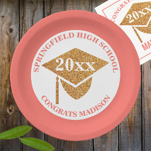 Graduation Coral Pink Gold Decorative Party Paper Plate