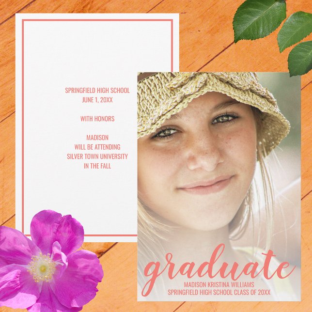 Graduation Coral Pink Script White Overlay Photo Announcement (Creator Uploaded)