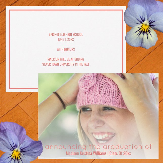Graduation Coral Pink Simple White Overlay Photo Announcement (Creator Uploaded)