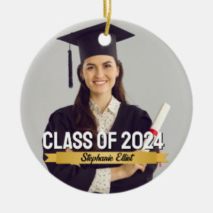 Graduation Custom Gold Ribbon Class Of School Year Ceramic Tree Decoration