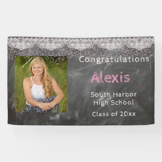 Graduation, Custom Photo, Chalkboard & Lace Banner (Horizontal)