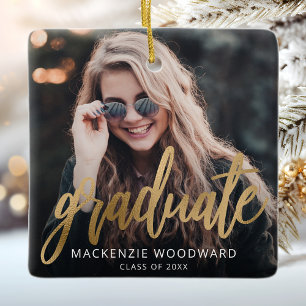 Graduation Custom Photo Gold Script Keepsake Ceramic Ornament