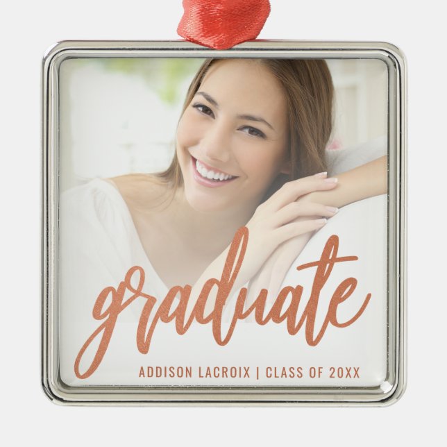Graduation Custom Photo Rose Gold Script Keepsake Metal Tree Decoration (Front)