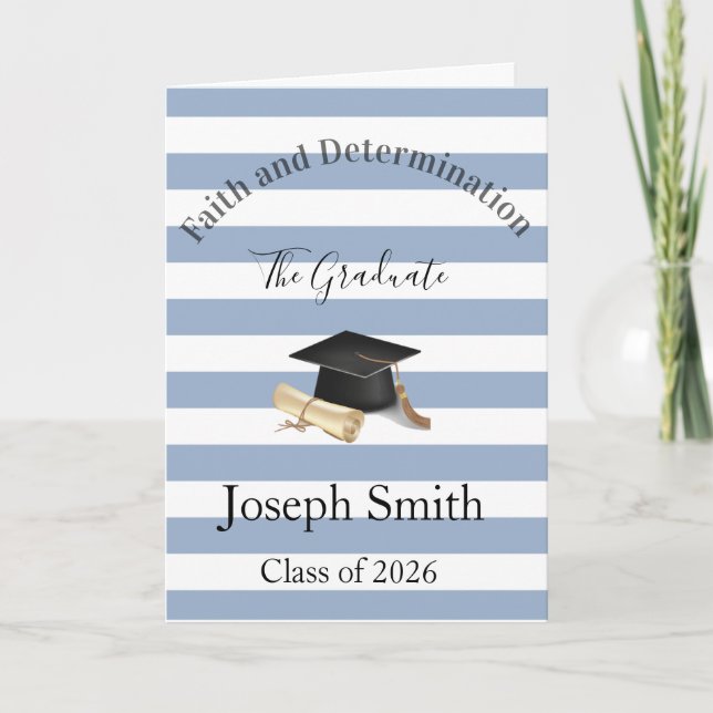 Graduation Cute Blue & White Stripe Greeting Card  (Front)