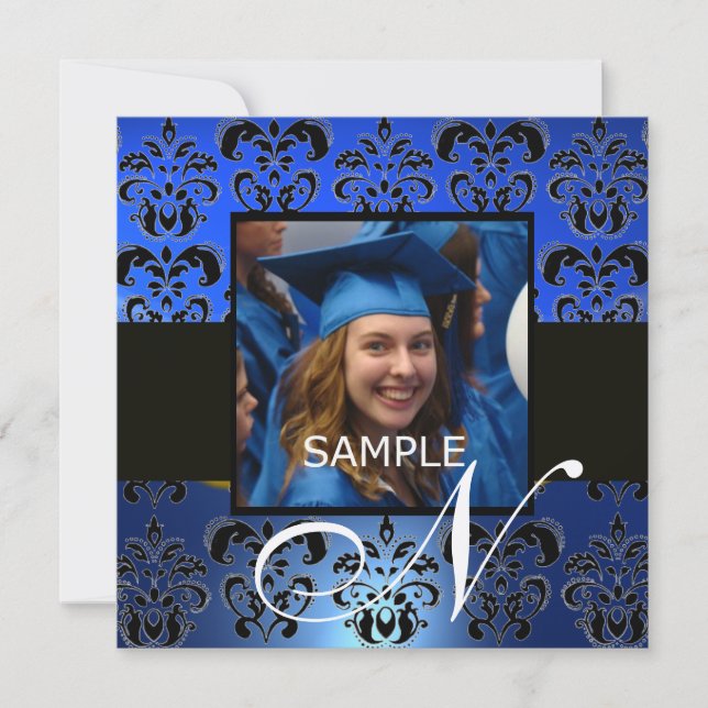 GRADUATION DAMASK  MONOGRAM ,blue black champagne Invitation (Front)