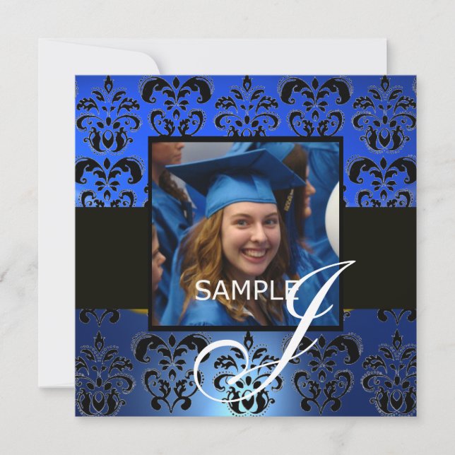GRADUATION DAMASK  MONOGRAM , blue white black Invitation (Front)