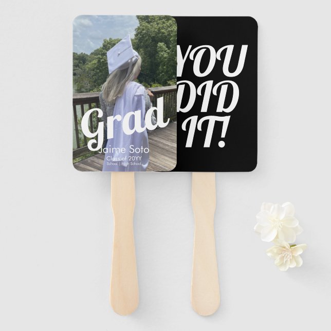 Graduation Day Photo Bold  Announcement White Hand Fan (Front and Back)