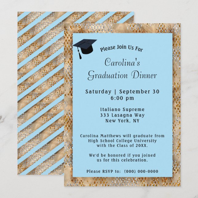 Graduation Dinner Cap Blue Graduation Invitation (Front/Back)