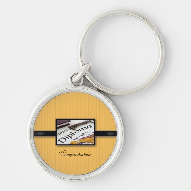 Graduation Diploma, Black, Gold, Round Gift Key Ring (Front)