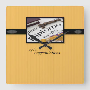 Graduation Diploma, Black, Gold, Square Gift Wall Clock