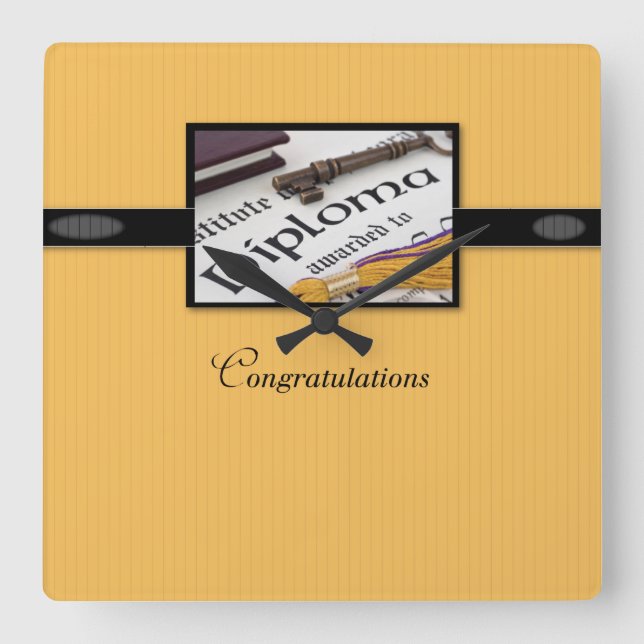 Graduation Diploma, Black, Gold, Square Gift Wall Clock (Front)