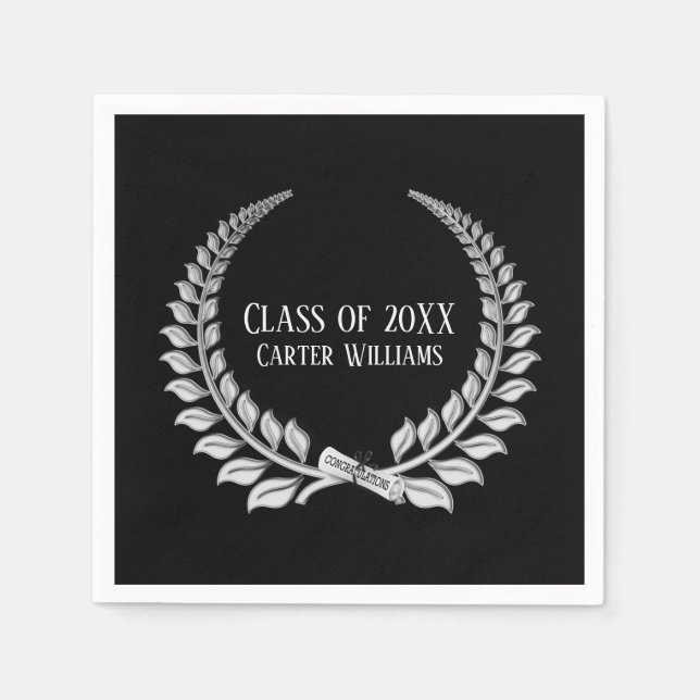 Graduation Diploma Silver Laurel on Black Napkin (Front)