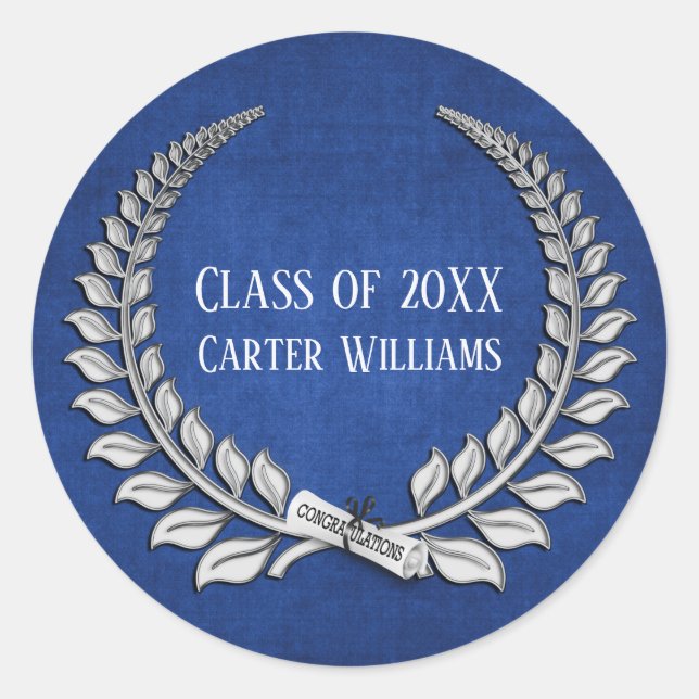 Graduation Diploma Silver Laurel on Blue Classic Round Sticker (Front)
