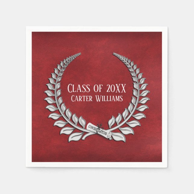 Graduation Diploma Silver Laurel on Red Napkin (Front)