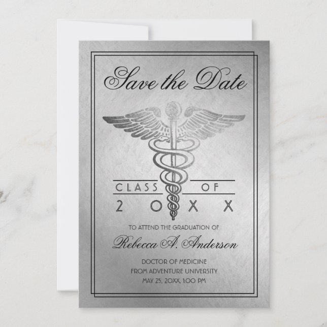 Graduation Doctor Caduceus Silver Elegant Save The Date (Front)