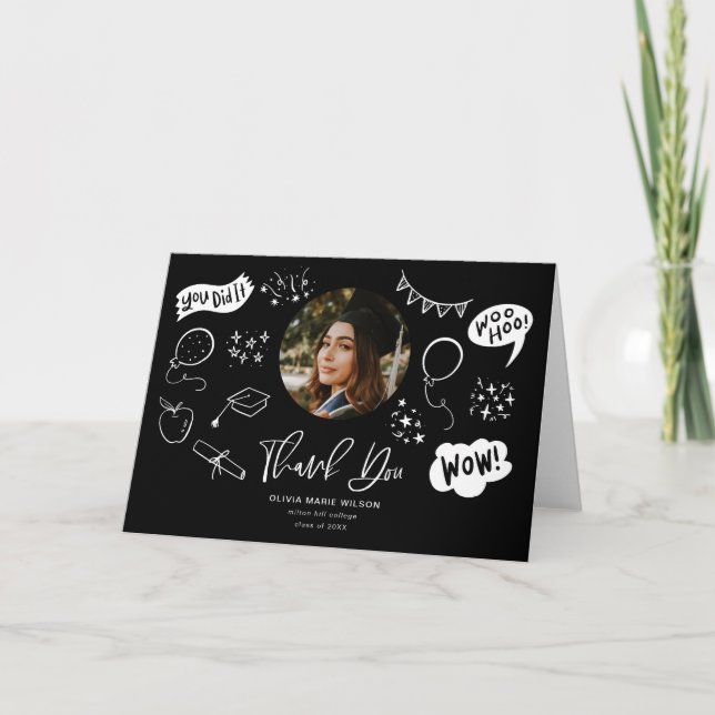 Graduation Doodle With Graduate Photo Black Thank You Card (Front)