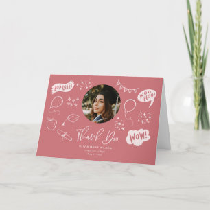 Graduation Doodle With Graduate Photo Blush Pink Thank You Card