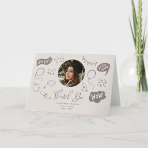Graduation Doodle With Graduate Photo Sandy Beige Thank You Card