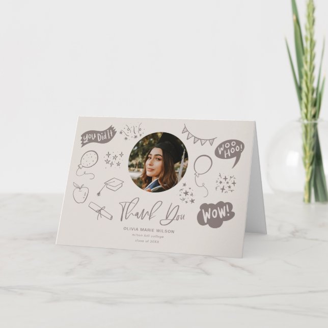 Graduation Doodle With Graduate Photo Sandy Beige Thank You Card (Front)