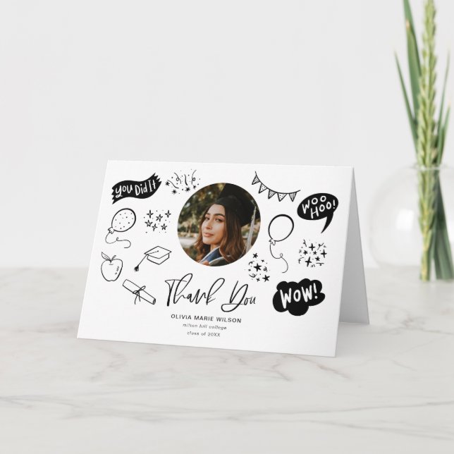 Graduation Doodle With Graduate Photo White Thank You Card (Front)
