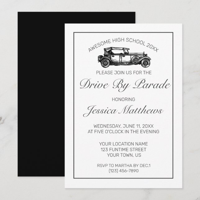 Graduation Drive By Parade Modern Minimalist White Invitation (Front/Back)
