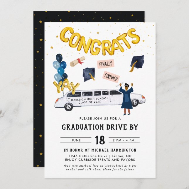 Graduation Drive By Parade Party | White Limo Invitation (Front/Back)
