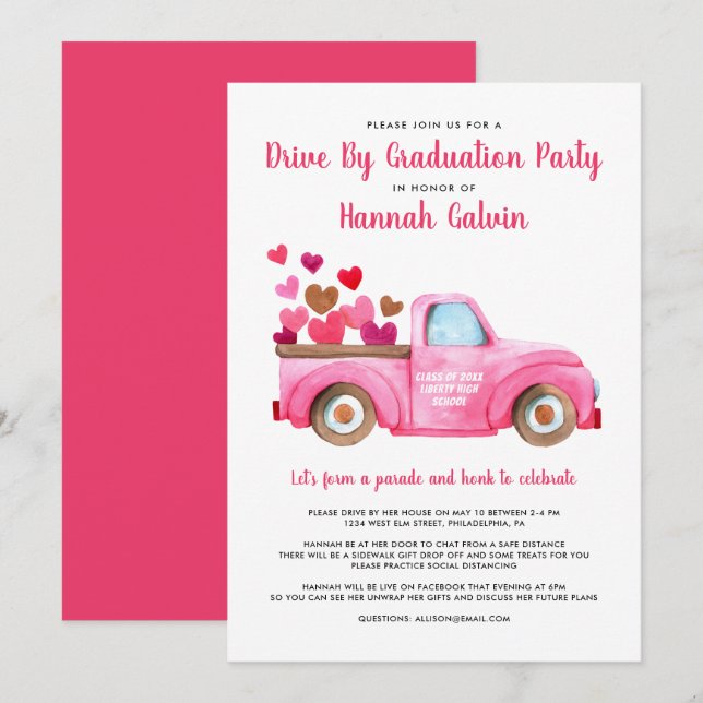 Graduation Drive By Parade Pink Retro Truck Hearts Invitation (Front/Back)