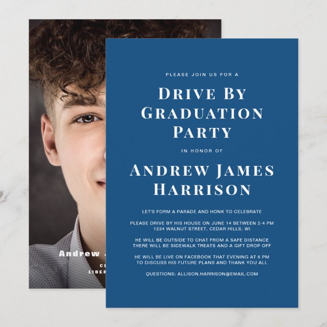 Graduation Drive By Party Minimal Photo Blue Invitation (Front/Back)