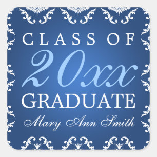 Graduation Elegant Damask Blue Square Sticker