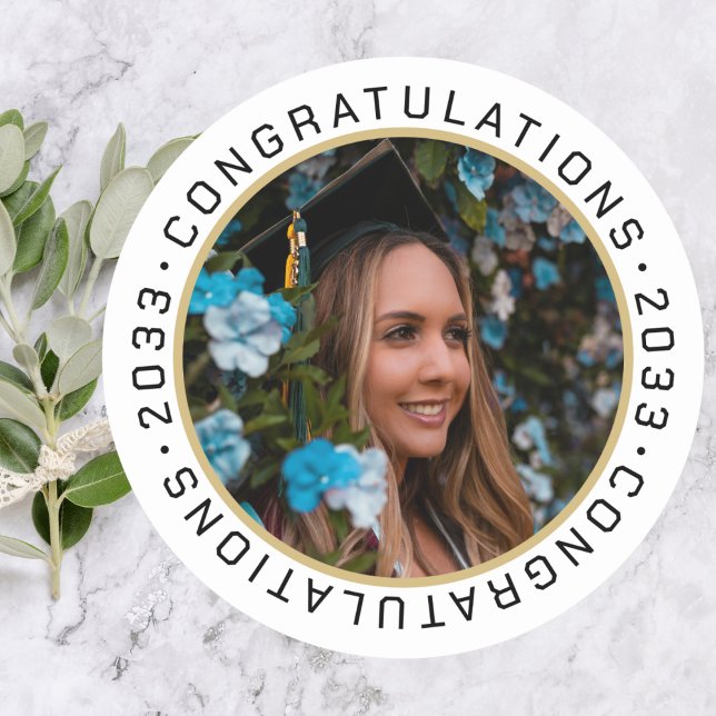 Graduation Elegant Gold Black Custom Photo Classic Round Sticker (Creator Uploaded)