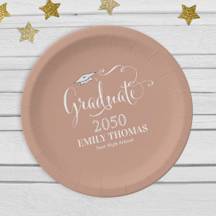 Graduation Elegant Modern Calligraphy Script Tan Paper Plate