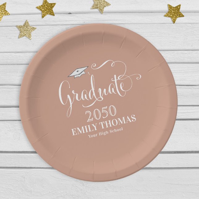 Graduation Elegant Modern Calligraphy Script Tan Paper Plate (Creator Uploaded)