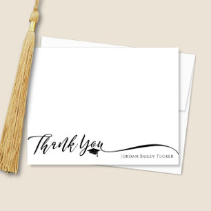 Graduation Elegant Script Black & White Stationery Thank You Card