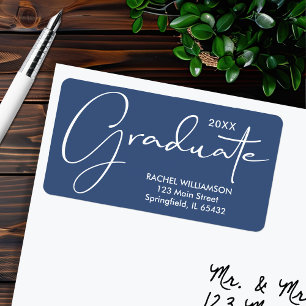 Graduation Elegant Script Blue Return Address Label