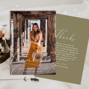 Graduation Elegant Script Green Photo Thank you Invitation