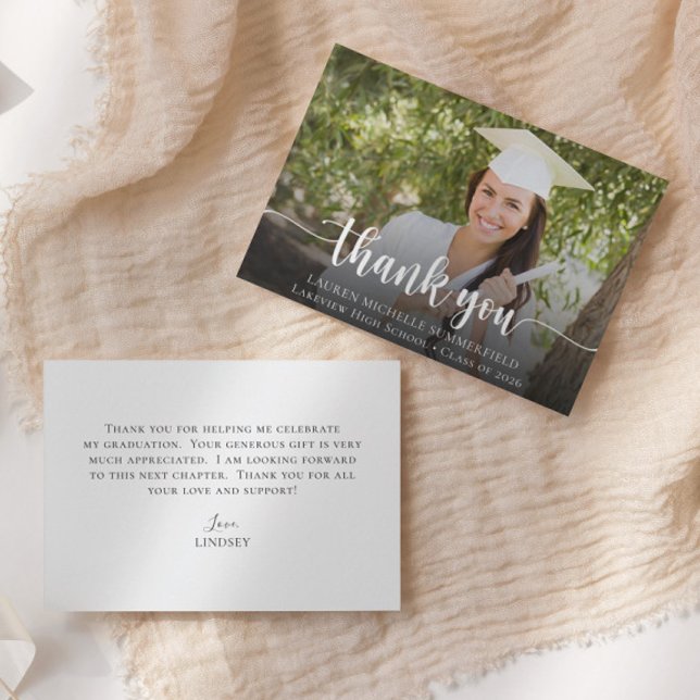 Graduation Elegant Script Photo Thank You Card (Creator Uploaded)