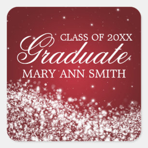 Graduation Elegant Sparkling Wave Red Square Sticker