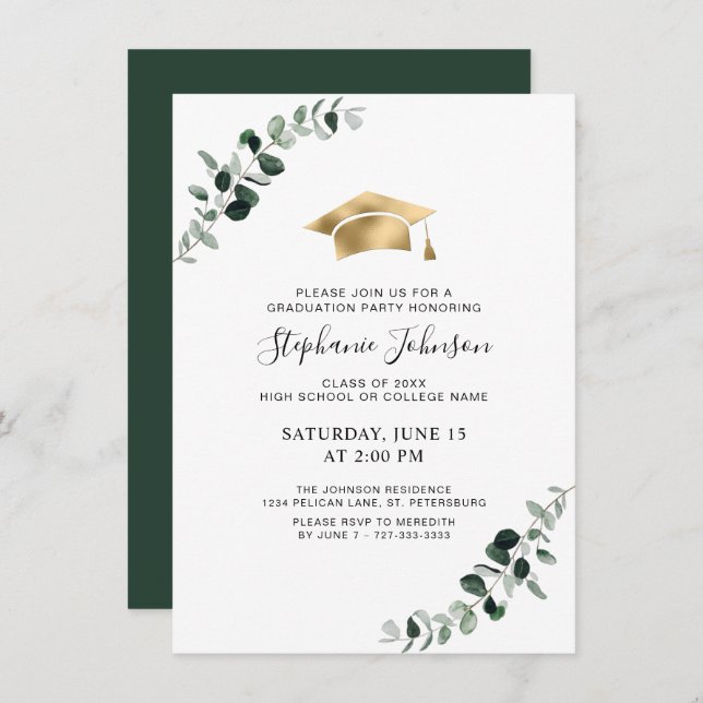 Graduation Eucalyptus Gold Cap and Tassel Party Invitation (Front/Back)
