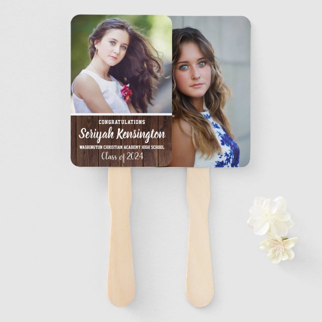 Graduation Fan Rustic Wood Female Photo (Front and Back)