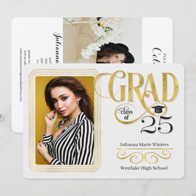 Graduation Faux Gold Leaf Class of 2025 Photo Invitation (Front/Back)