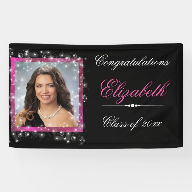 Graduation, Faux Sparkling Glitter, Pink/CUSTOM Banner (Horizontal)
